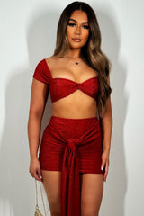 lurex glittery sparkly skirt and crop top co ord set red