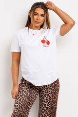 womens white t shirt with cherry print styled up