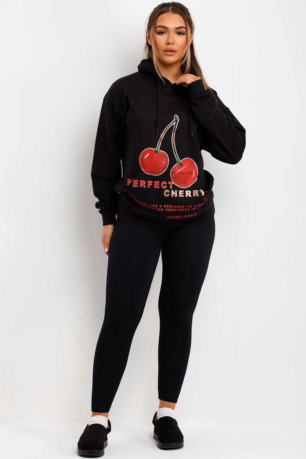 womens hooded sweatshirt with cherry graphic