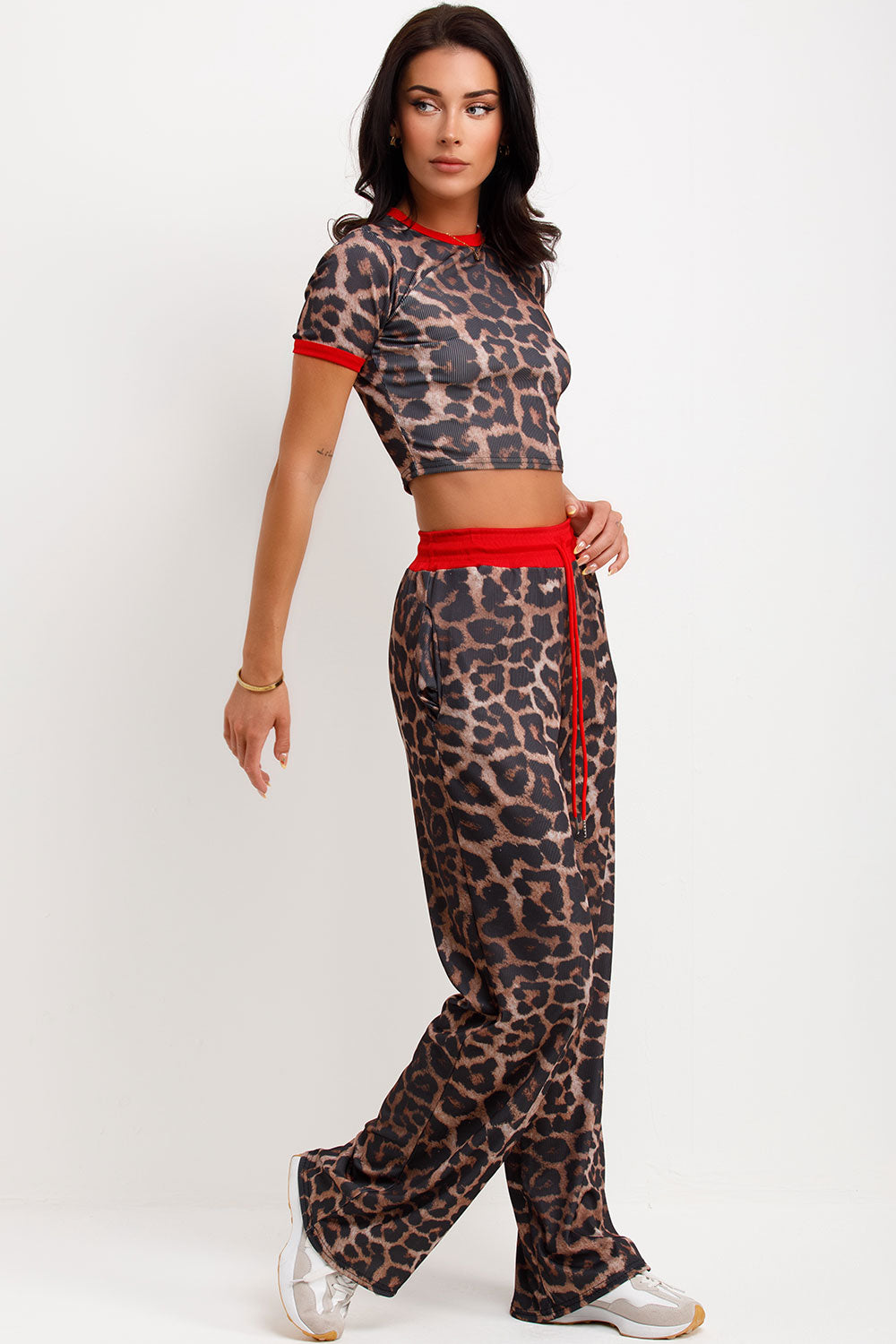 leopard print ribbed trousers and top co ord loungewear set