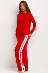 womens wide leg trousers and long sleeve jumper two piece loungewear set with side stripe