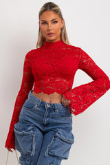 red lace flare long sleeve going out crop top going out outfit