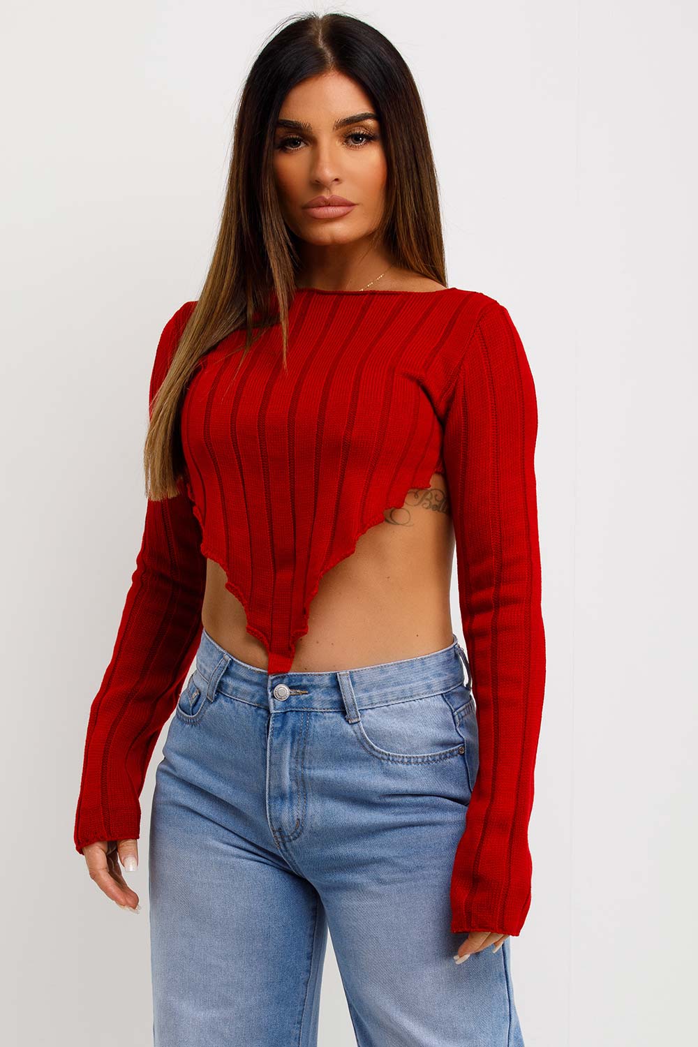 crop knitted jumper with long sleeves and dip hem