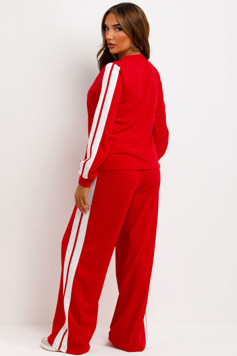 womens long sleeve top and wide leg trousers with side stripe loungewear co ord set styledup