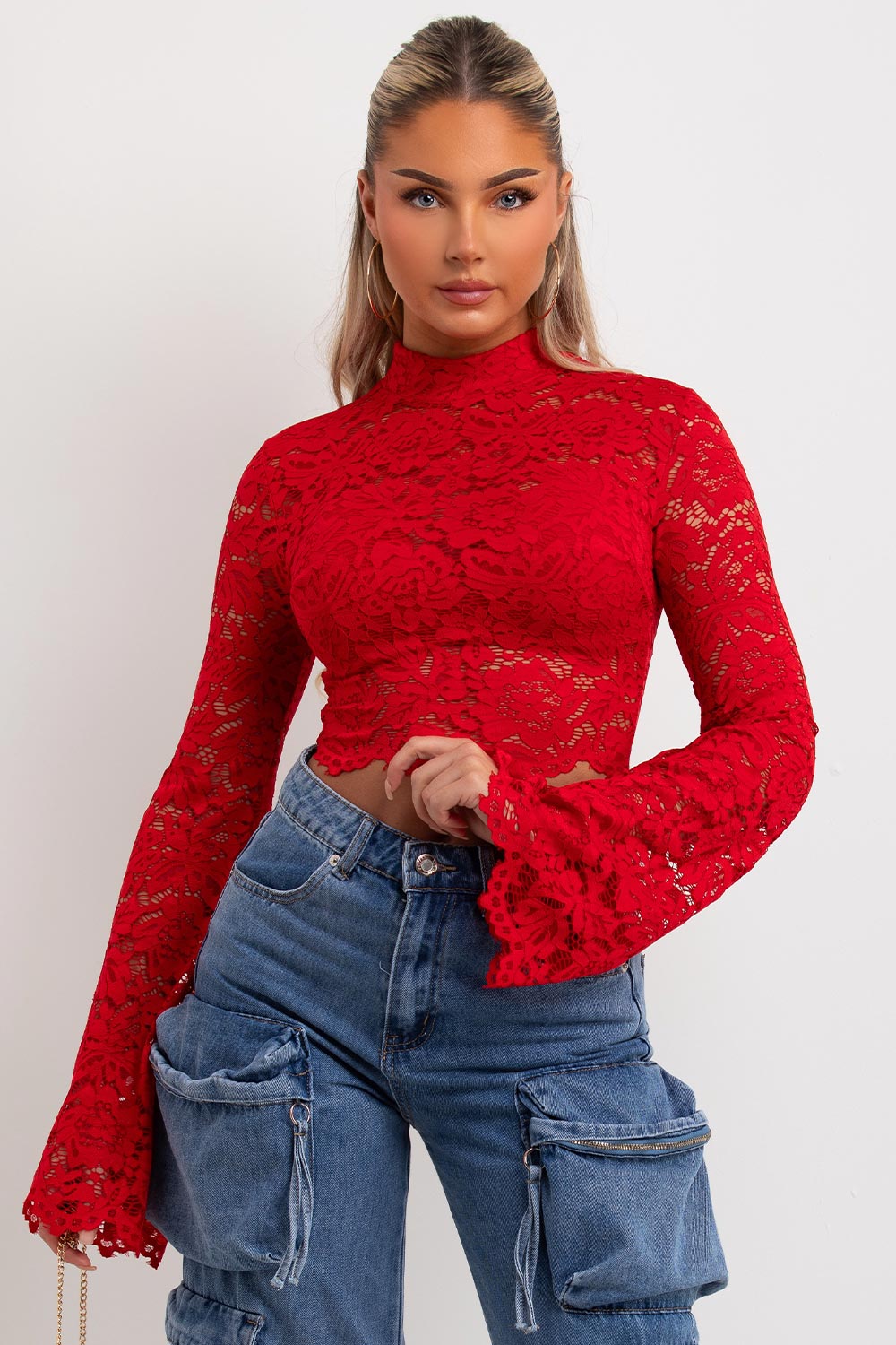 long flare sleeve lace top red going out summer festival outfit