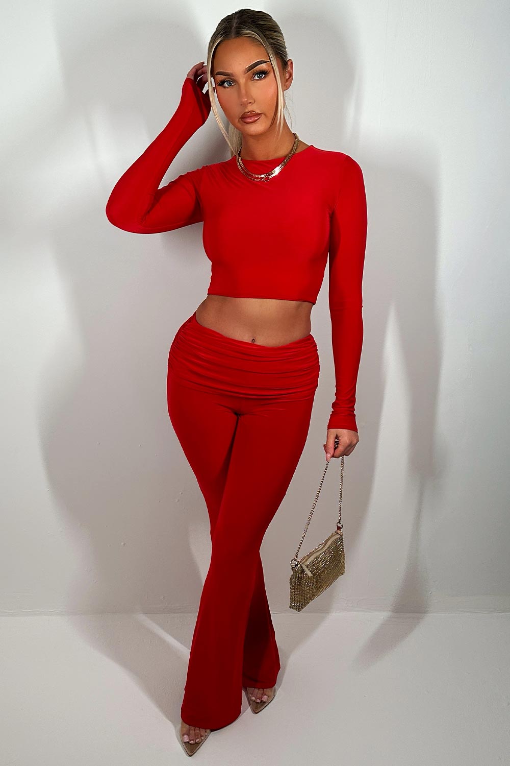 womens flare pants with fold over detail and matching long sleeve top red going out outfit