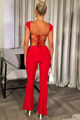 backless crop top and fold detail skinny flare trousers set