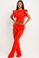 low rise flare trousers and frill ruffle top two piece set