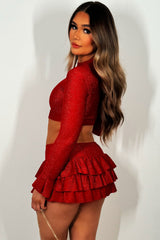 ruffle frilly bloomer skirt and long sleeve crop top co ord set christmas party outfit co ord set styledup