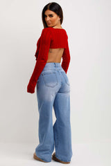 red long sleeve crop knitted jumper with dip hem