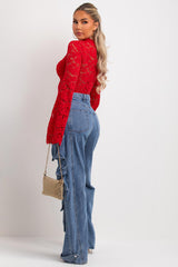 red long flare sleeve lace top going out summer holiday outfit