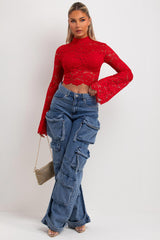 red lace long sleeve crop top going out outfit