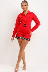 red long sleeve belted playsuit with leopard print contrast hem christmas party outfit styledup