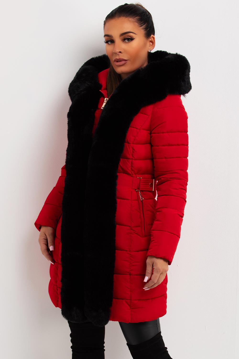 faux fur hood and trim puffer padded coat with hood