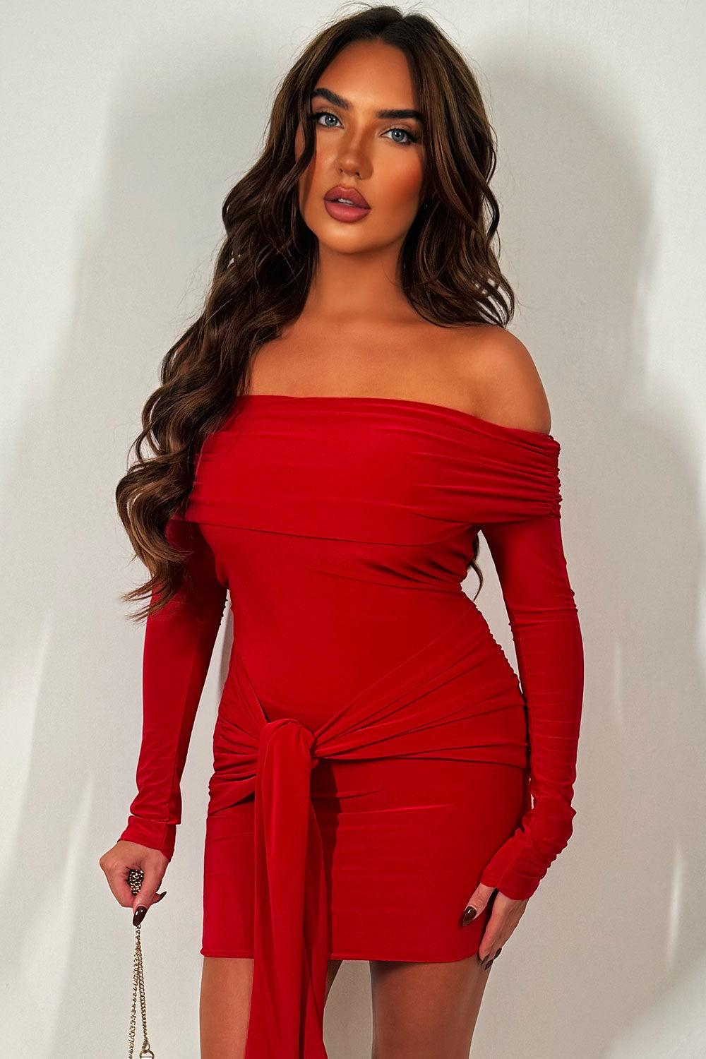 Red Long Sleeve Bardot Dress With Drape Detail