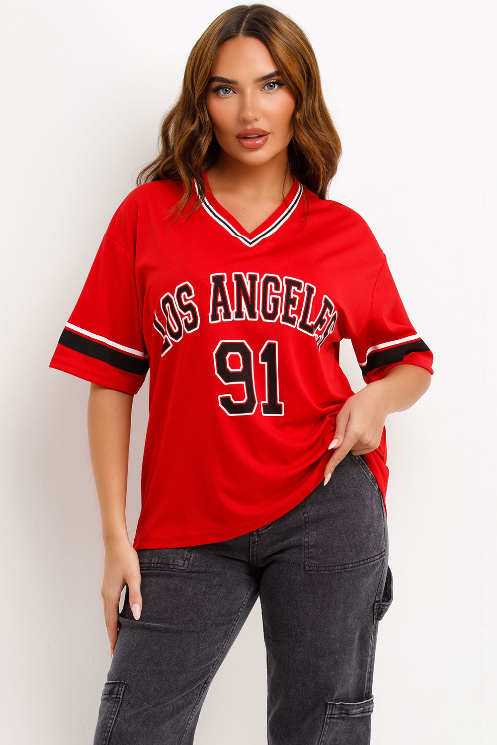 los angeles print oversized oot ball jersey t shirt red