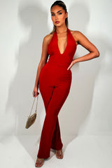 backless halter plunge neck jumpsuit christmas party outfit