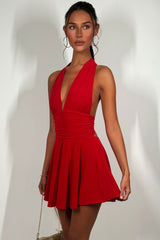 womens red halter neck mini dress with open back festival clothes uk