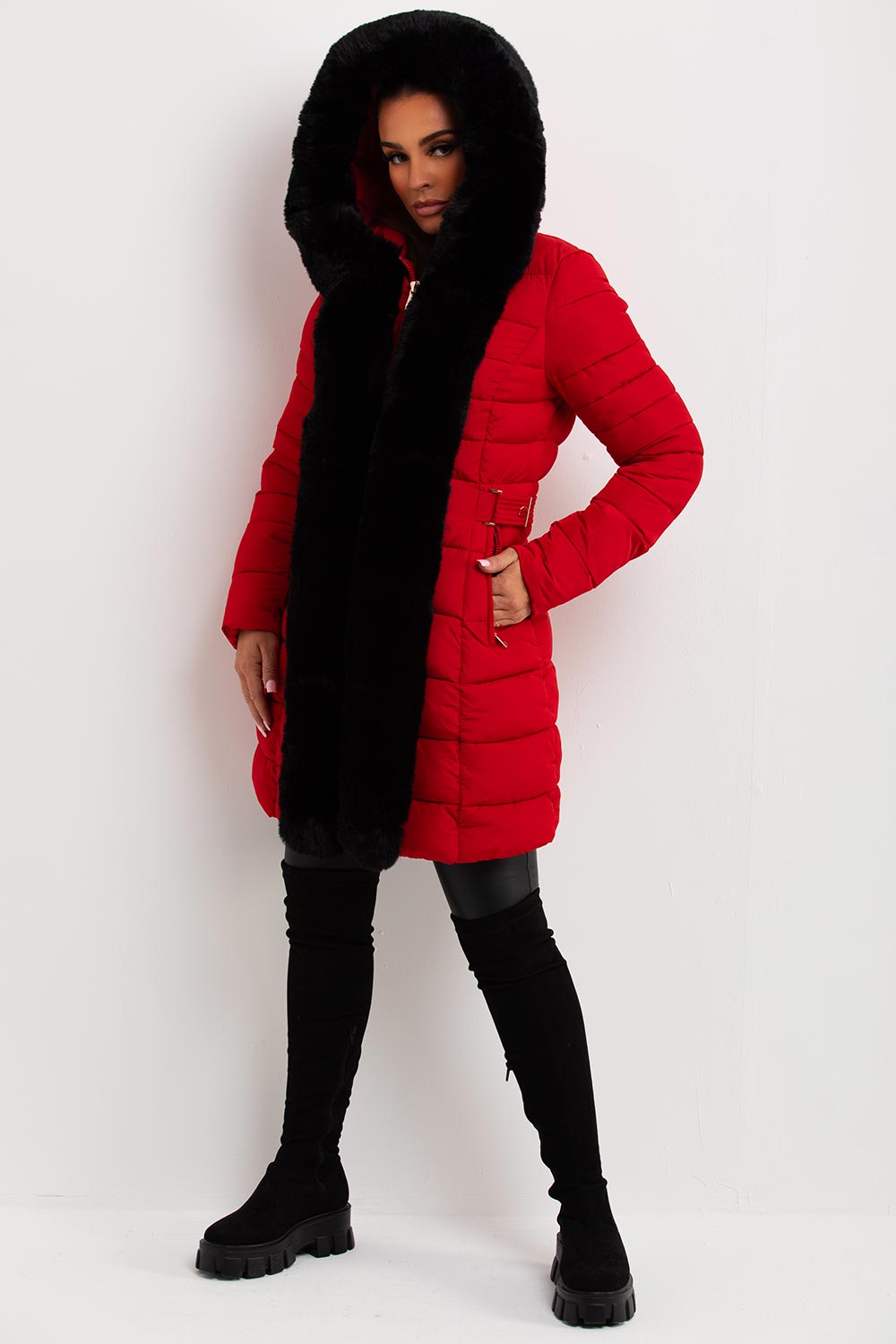 womens puffer coat with luxury faux fur trim