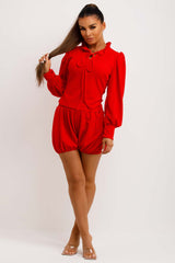 frilly long sleeve blouse and shorts co ord set