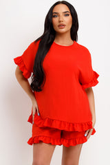 short sleeve frilly ruffle blouse and shorts two piece set womens summer holiday outfit