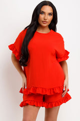 womens frilly ruffle blouse and shorts two piece co ord set