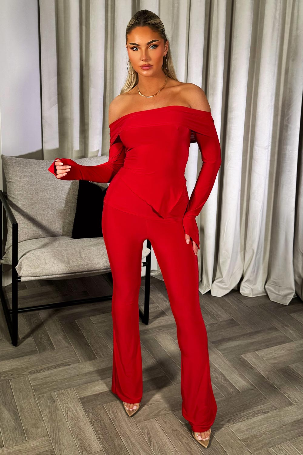 fold detail flare trousers and asymmetric off shoulder long sleeve top co ord double lined going out occasion summer festival clothes red