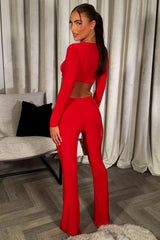 flare trousers and long sleeve cut out twist front top going out occasion outfit 