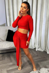 red sparkly top and drape skirt two piece set christmas party going out outfit 