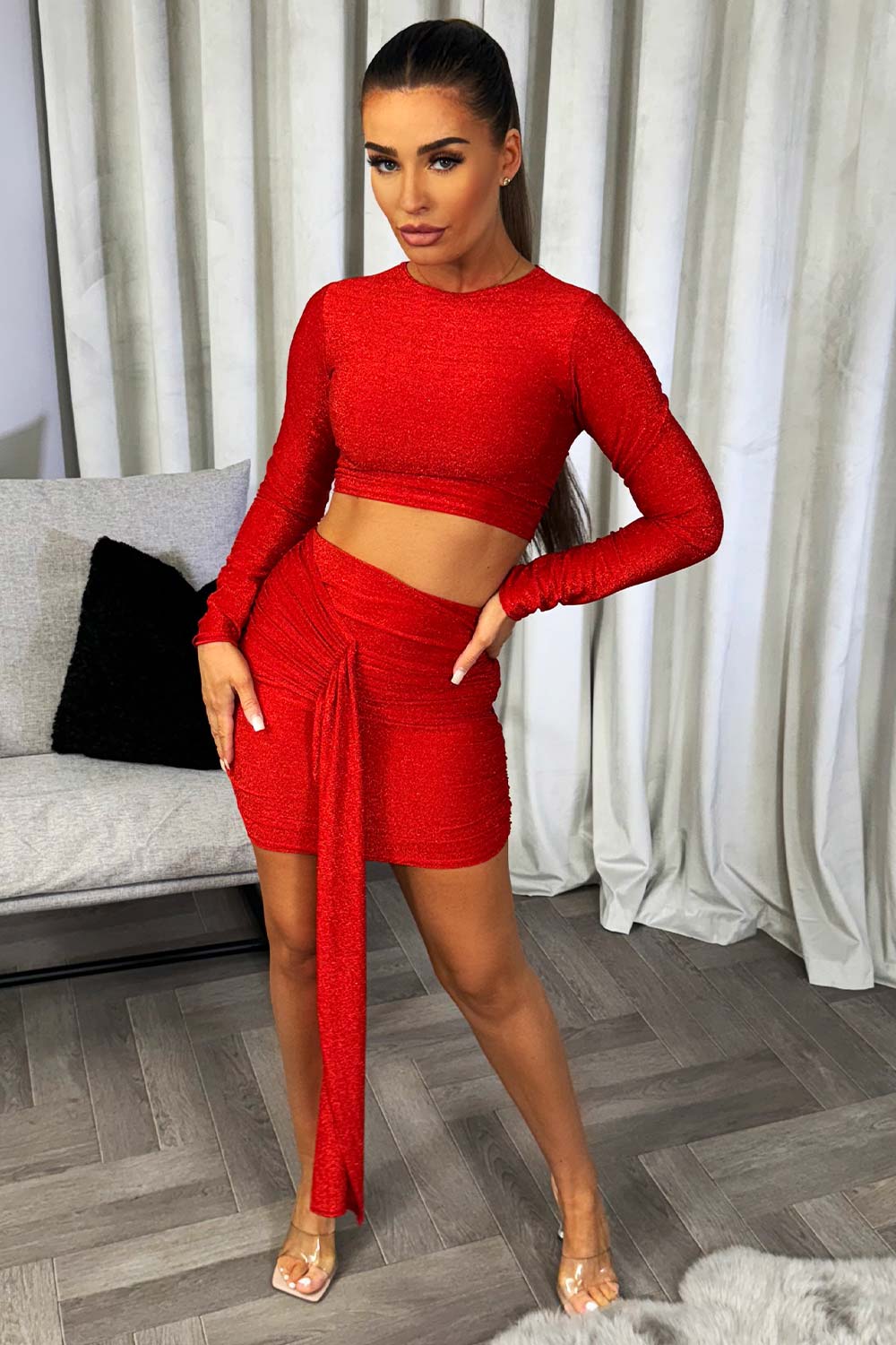 sparkly top and drape skirt two piece co ord set red christmas party outfit