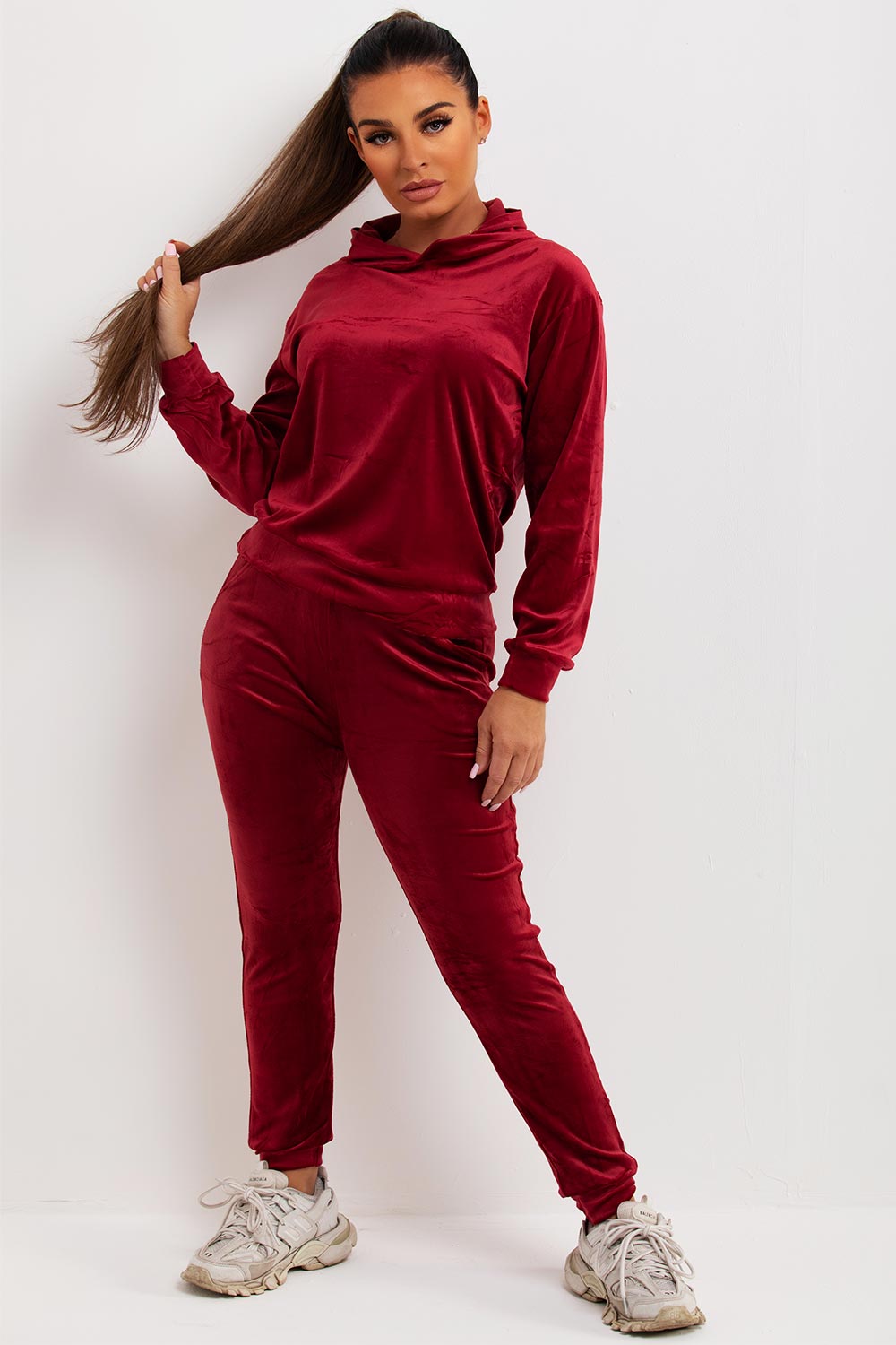 Women's Red Velour Tracksuit Hooded Loungewear Co Ord –