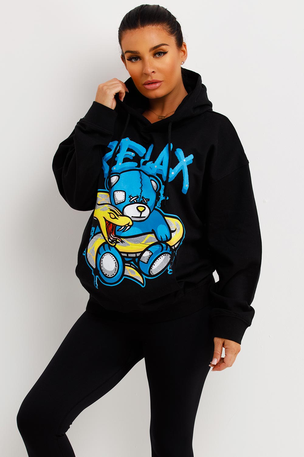 womens black oversized hoodie with teddy bear relax graphics