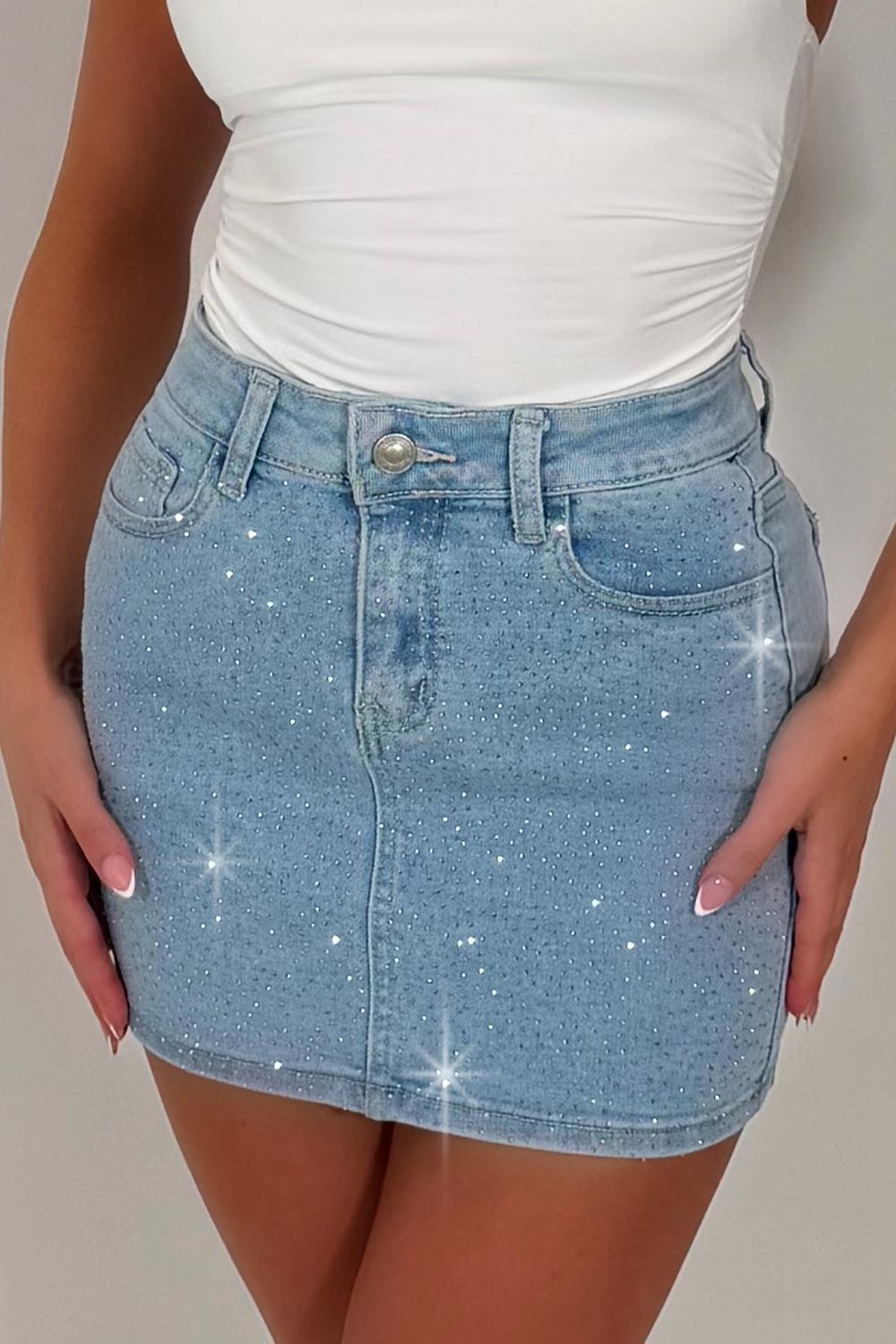 denim blue skirt with diamante rhinestone applique womens uk trendy outfits