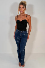 diamante rhinestone relaxed oversize denim blue sparkly jeans womens uk