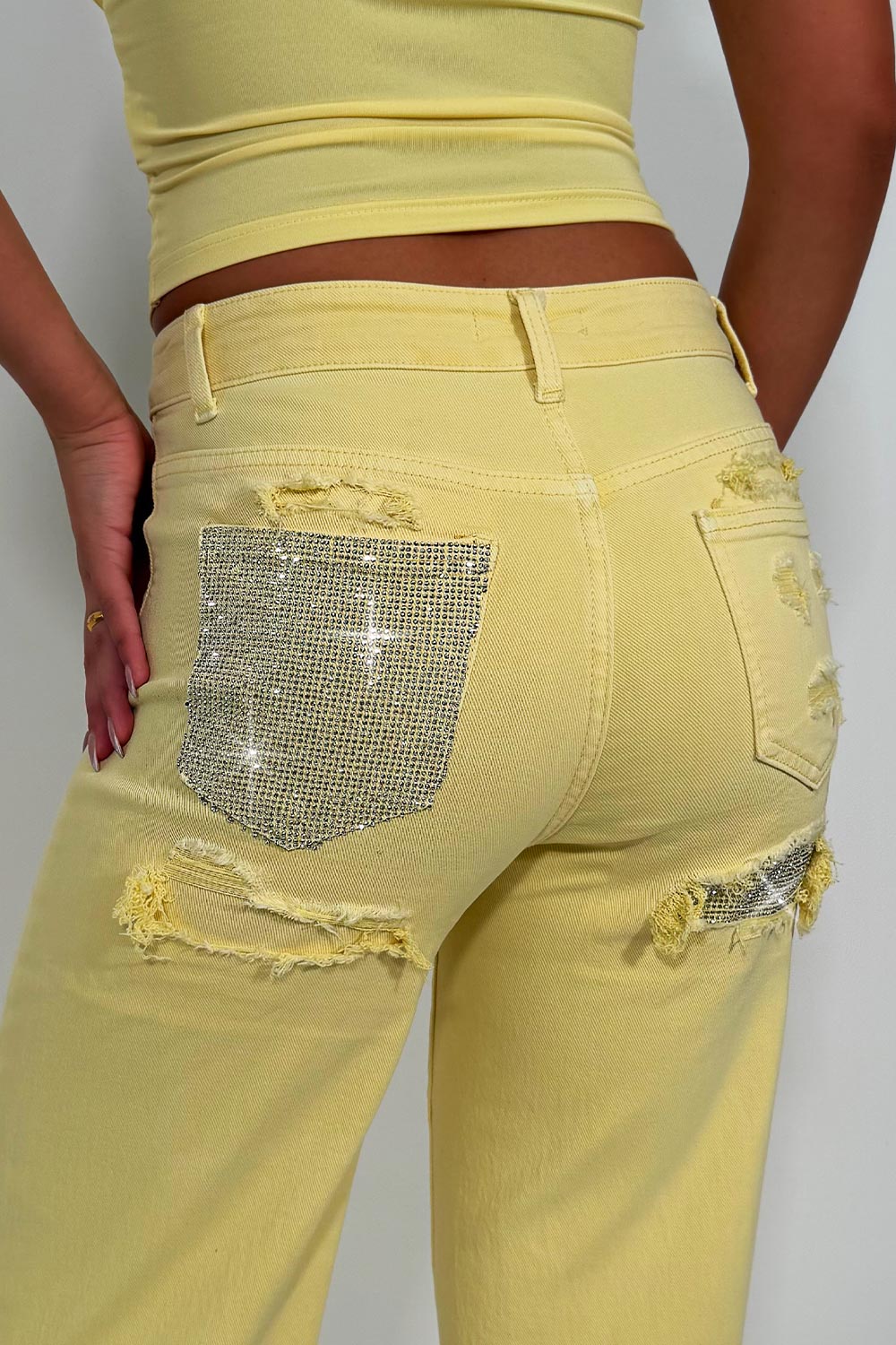 sparkly denim high waist wide leg jeans with diamante rhinestones contrast pocket styledup 