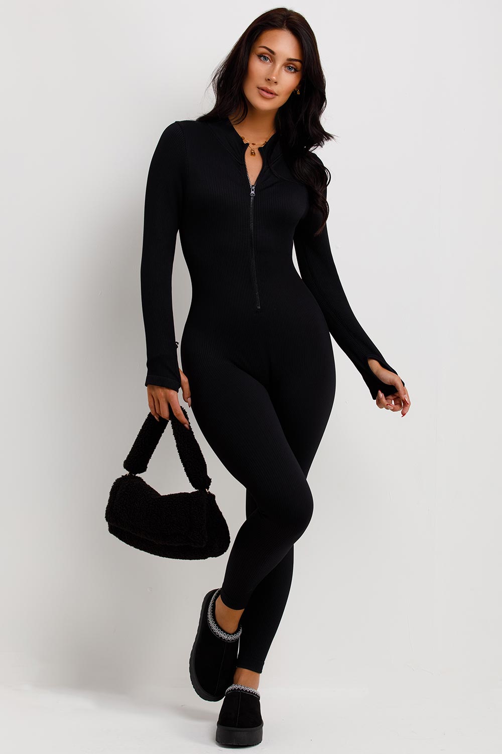 Seamless Ribbed Jumpsuit Structured Contour Unitard Zip Front