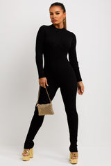 womens long sleeve jumpsuit unitard with underbust detail