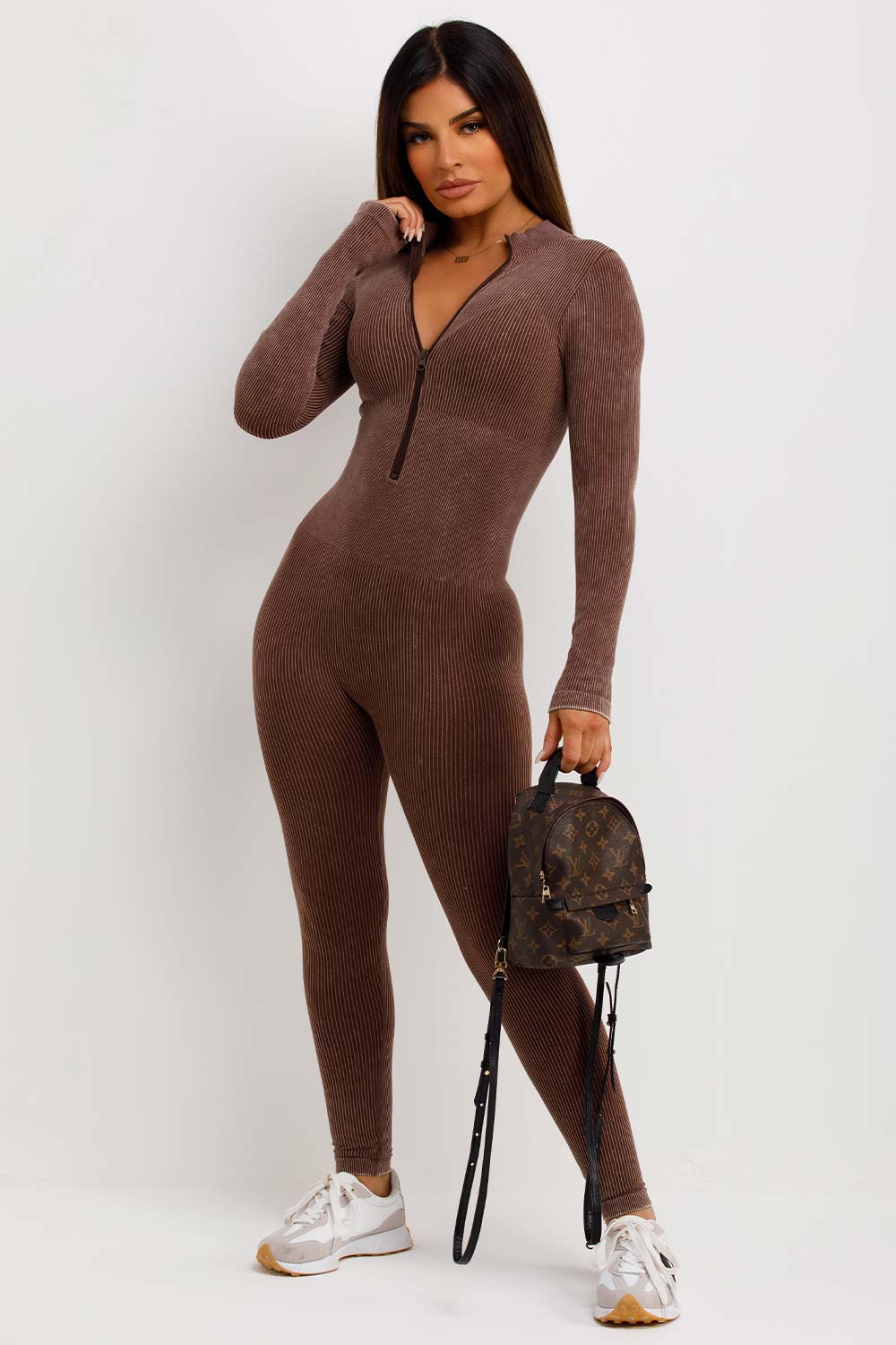 Rib Jumpsuit Structured Contour Unitard Zip Front Washed Brown –