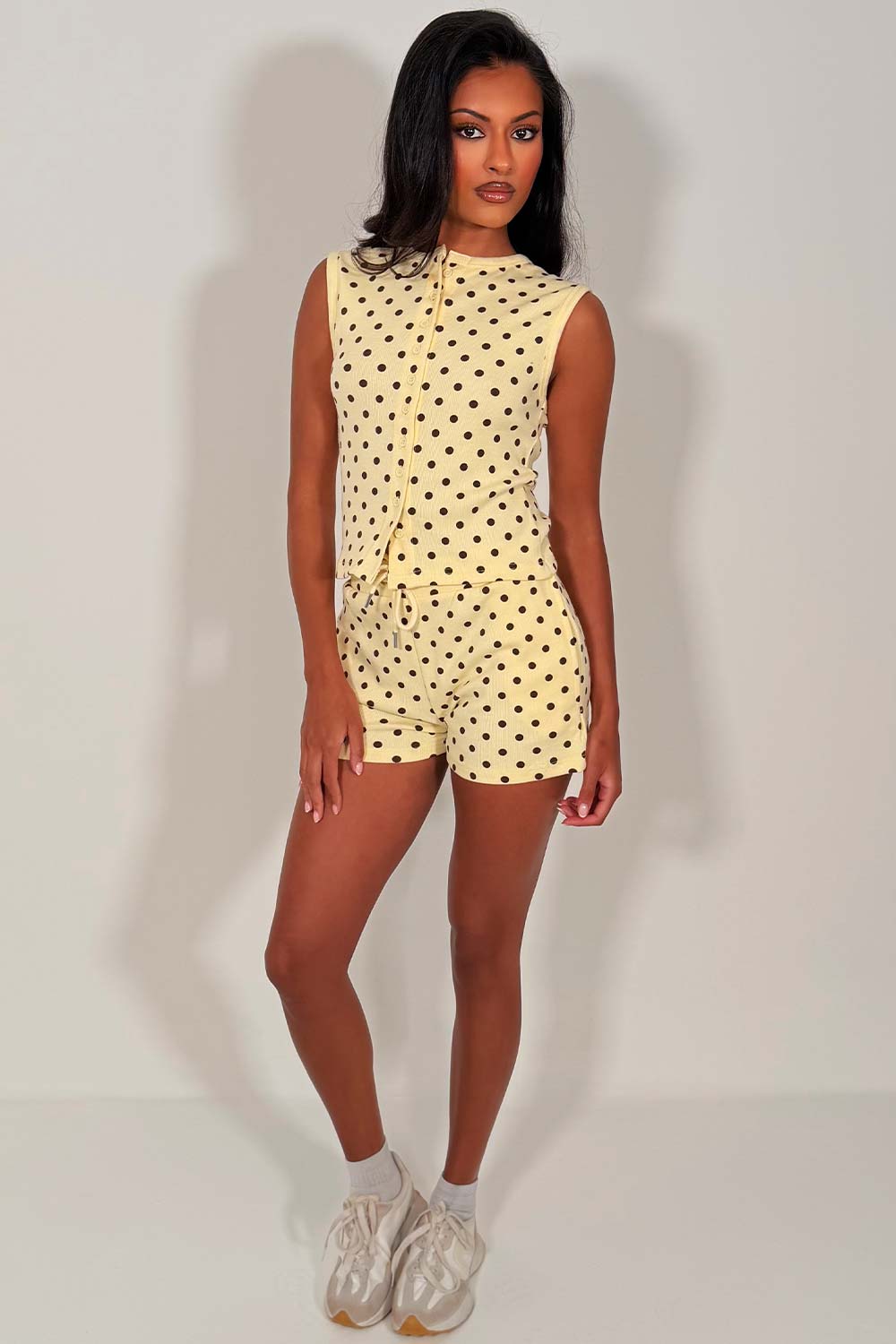 womens polka dot button up ribbed sleeveless top and shorts tracksuit summer lounge set styledup