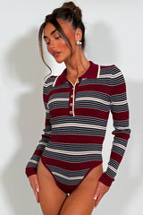 striped long sleeve bodysuit top wine burgundy colour styledup
