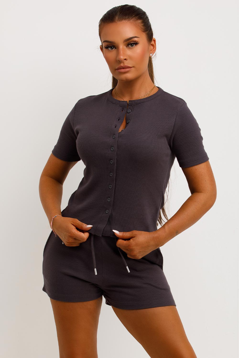 button up rib top and shorts tracksuit loungewear set styledup