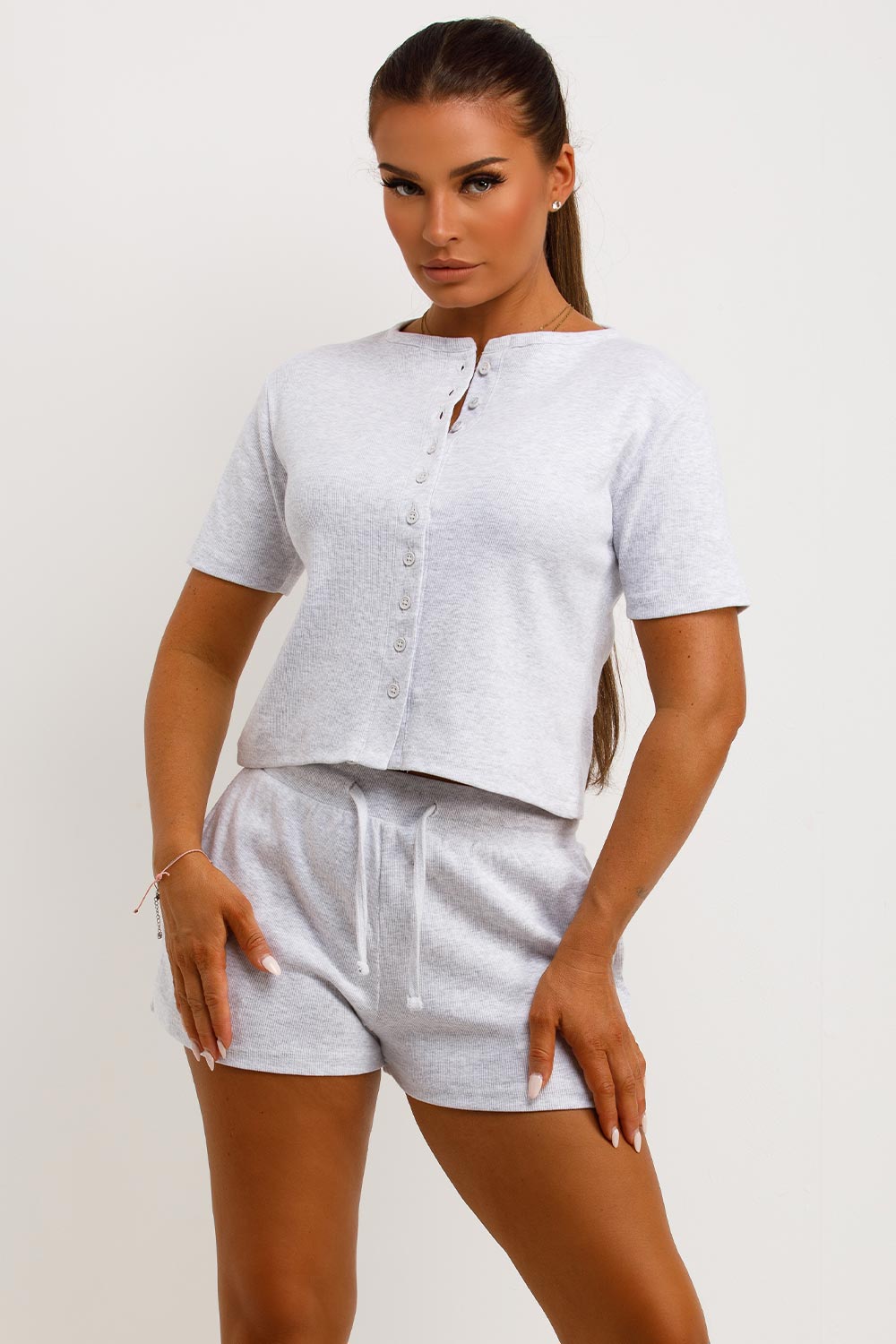 button up rib top and shorts tracksuit loungewear set styledup