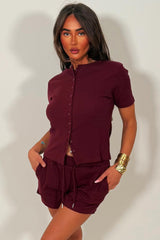 button up rib top and shorts tracksuit loungewear set styledup