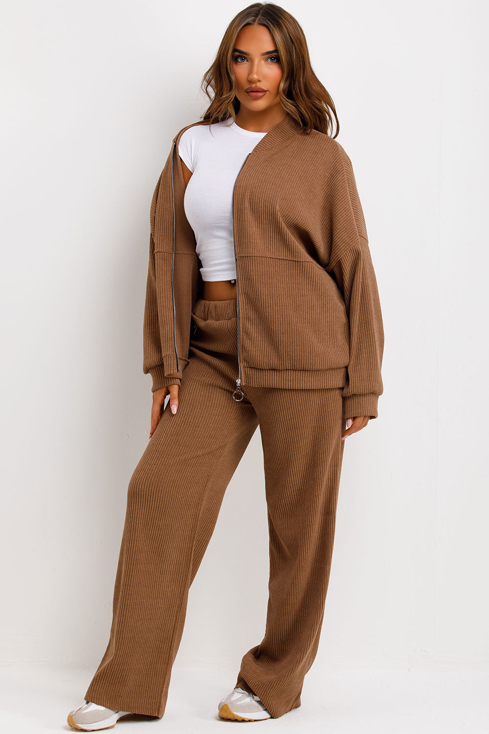 womens bomber corduroy sweatshirt with zip and straight leg joggers tracksuit set loungewear co ord