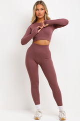 high waist body contouring seamless leggings and long sleeve crop top co ord set womens active wear