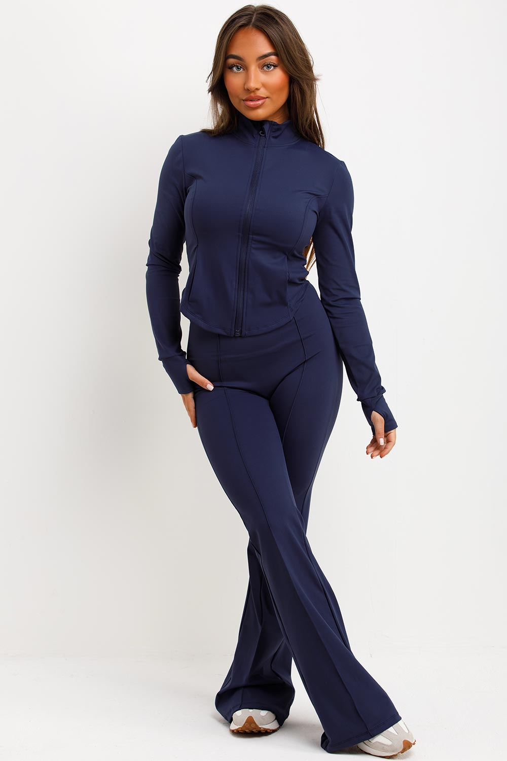 zip up sports jacket and flare trousers two piece set matching outfit
