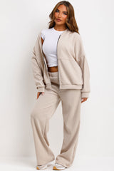 womens zara corduroy bomber sweatshirt and straight leg joggers loungewear set