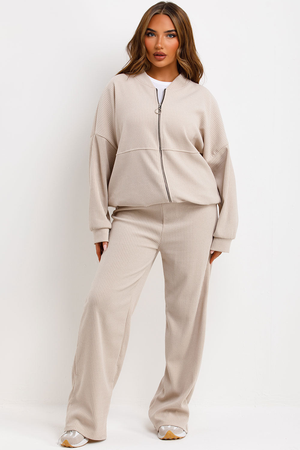 zara womens corduroy bomber sweatshirt with zip and straight leg joggers tracksuit set