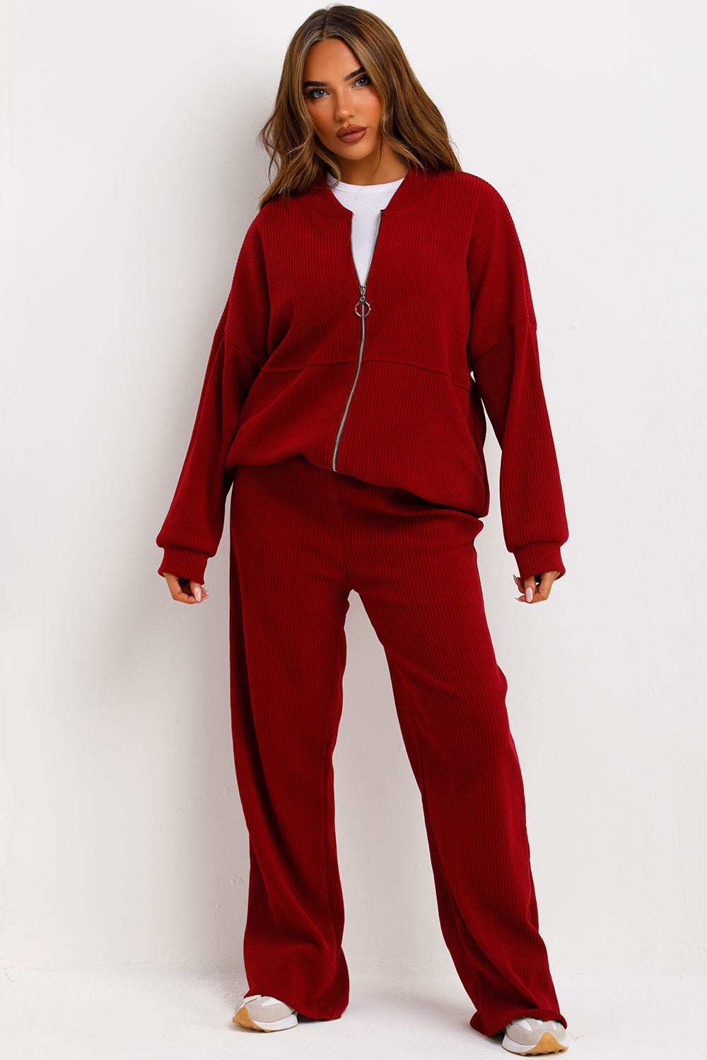 womens zara corduroy bomber sweatshirt and straight leg joggers loungewear set