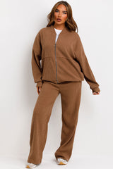 womens zara corduroy bomber sweatshirt and straight leg joggers loungewear set